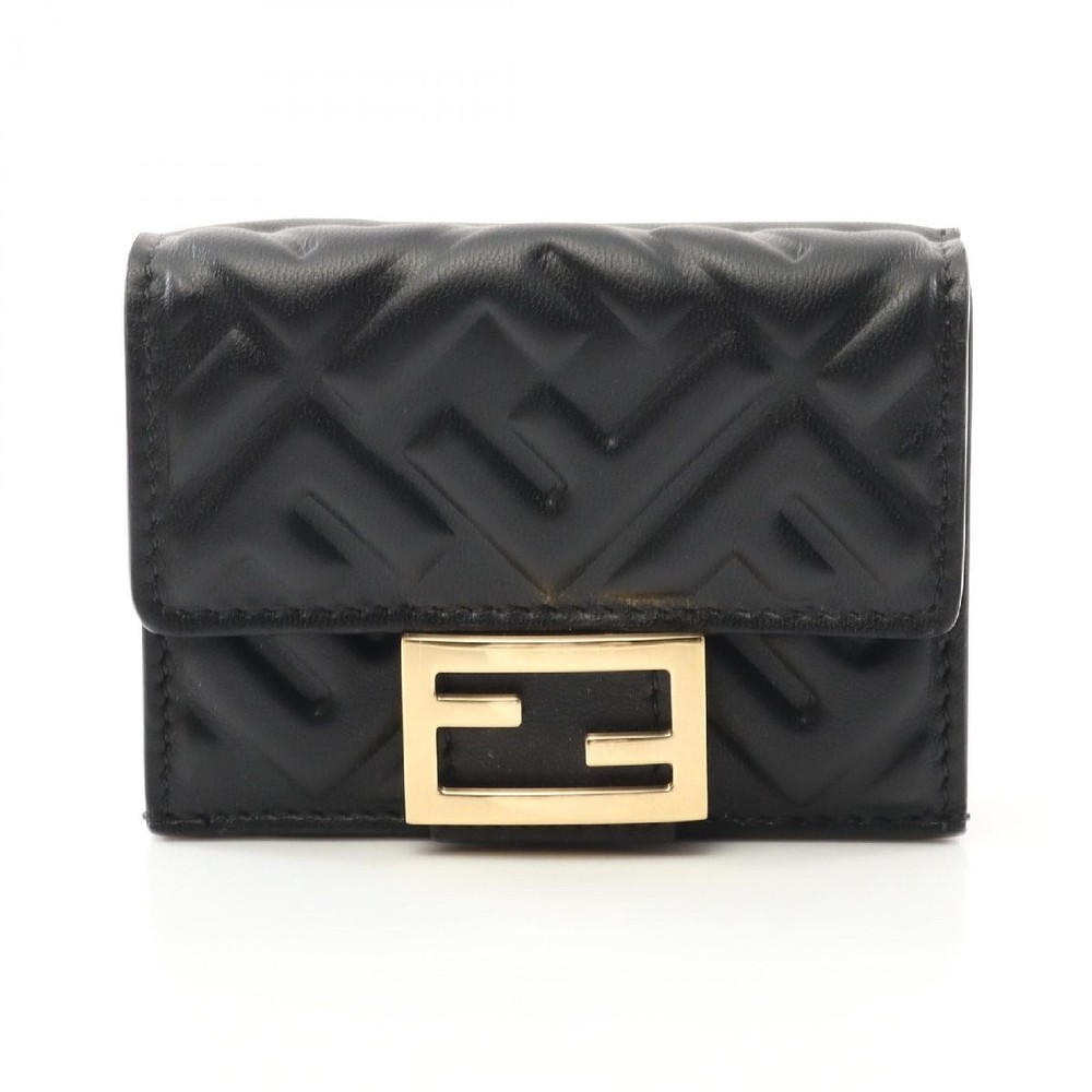 FENDI BAGUETTE Leather Tri-Fold Wallet 498222 Black