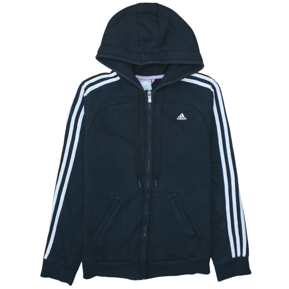 Adidas Womens Hoodie Black Full Zip Three Stripe Hooded Pockets Logo Jersey M