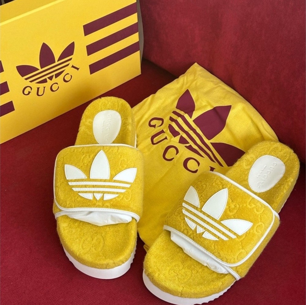 Men's Gucci x Adidas GG Slides Yellow Cotton Sponge Size 8 US 8.5 New