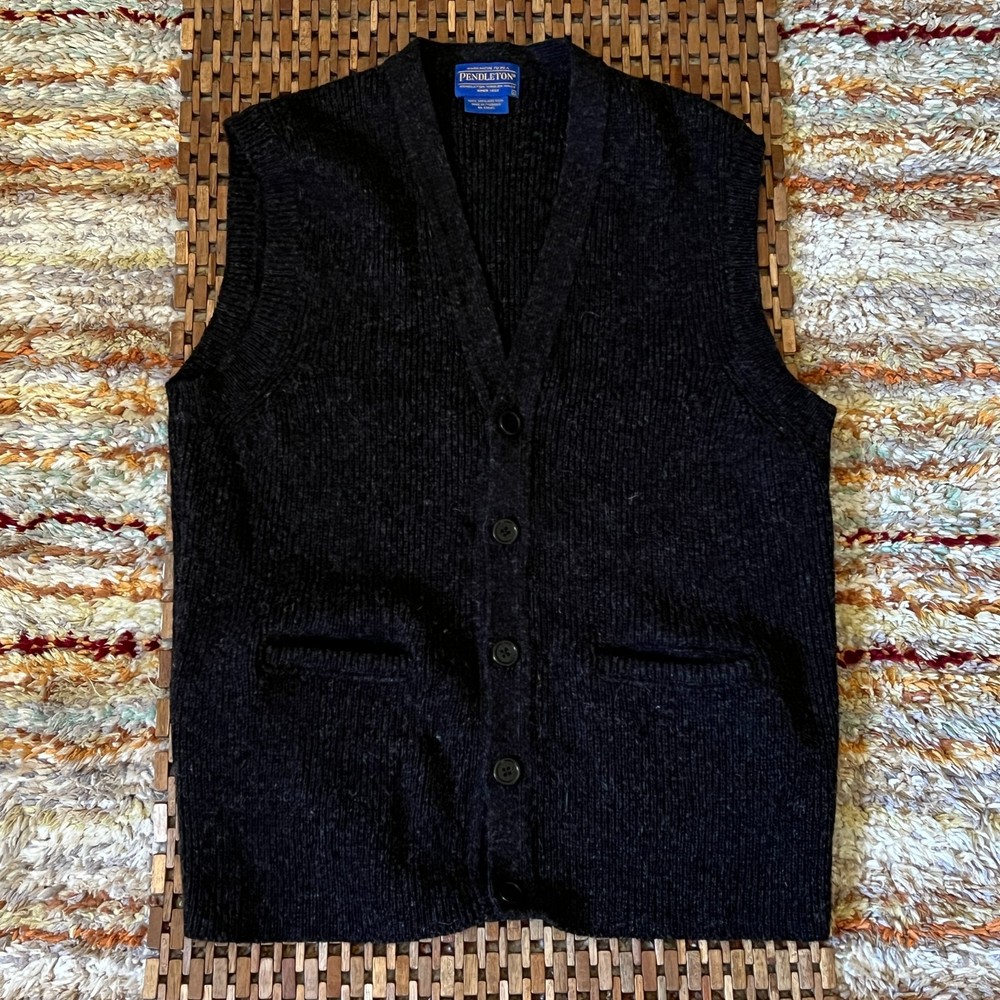 Pendleton Shetland Wool Button Down Vest Charcoal Grey Black Large L