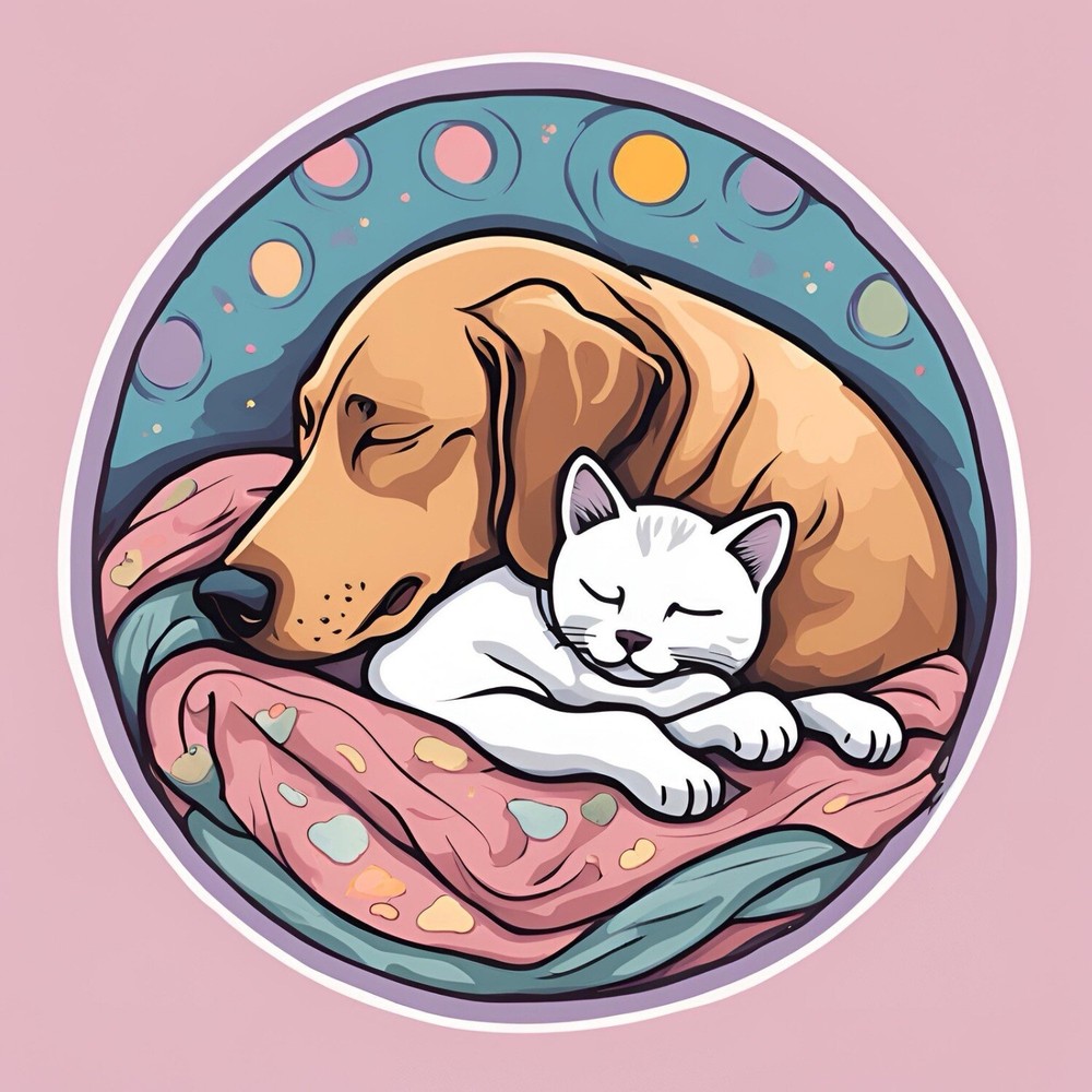 3” Round Cat And Dog Sleeping Together Cute AMAZING STICKER!