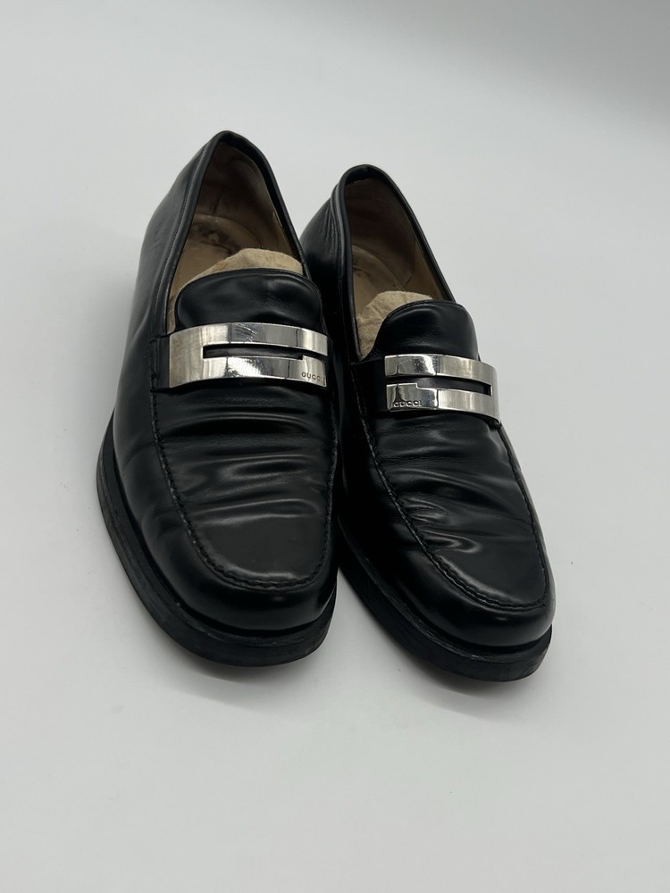 Gucci Women’s 6.5B Black Leather Loafers Square G Silver Logo Plate Dress Shoes
