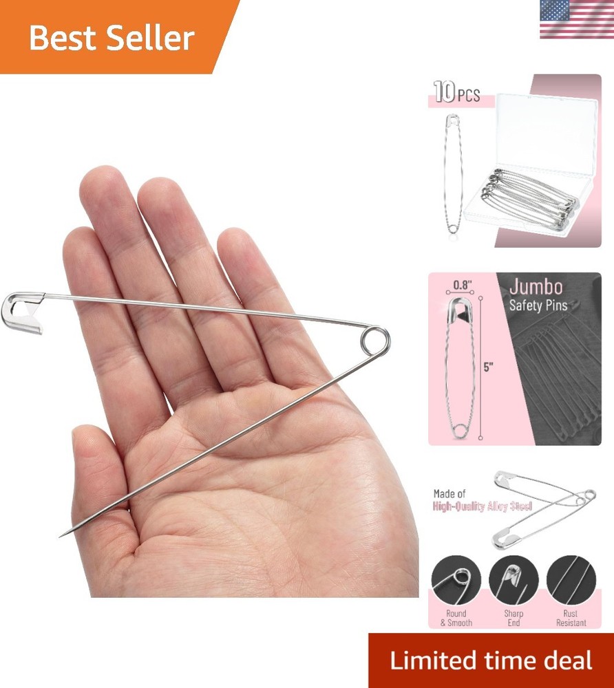 Strong 5-Inch Safety Pins 10-Pack with Clear Case for Sewing & Crafts