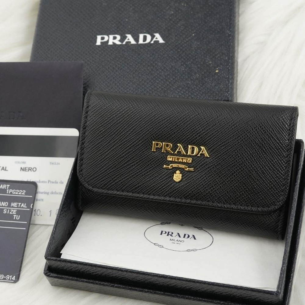 Prada Saffiano Leather Key Case Black Compact Wallet with Box Used