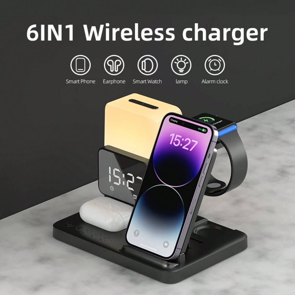 6-In-1 Wireless Charging Station With Night Light, Phone Stand, Time Sync, Clock