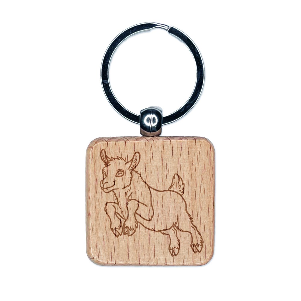 Jumping Baby Goat Engraved Wood Square Keychain Tag Charm