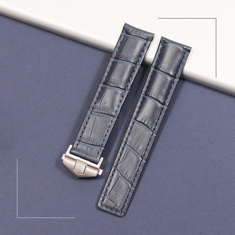 22mm Blue & Silver Leather Watch Band for Tag Heuer Carrera Monaco F1 with Clasp