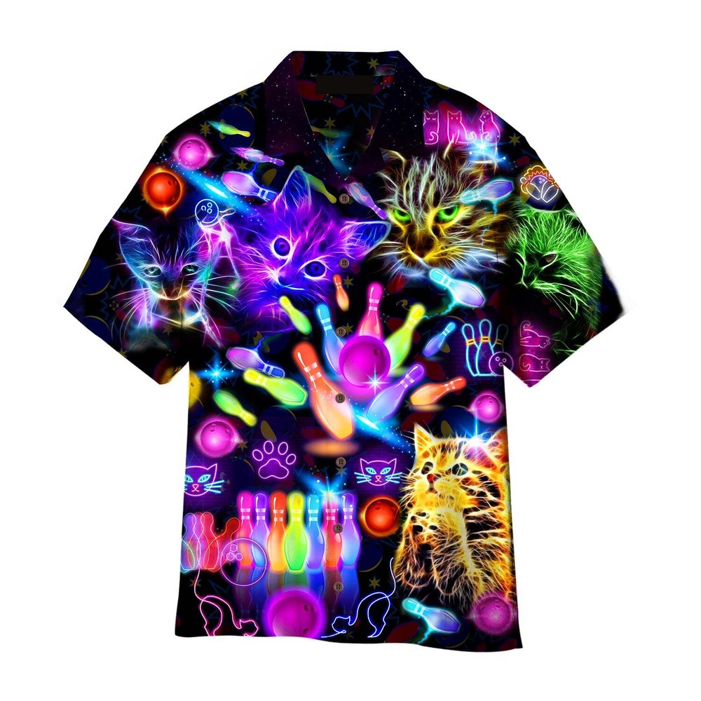 Neon Kitty Play Bowling In The Dark Aloha Hawaiian Shirt For Men US Size NEW