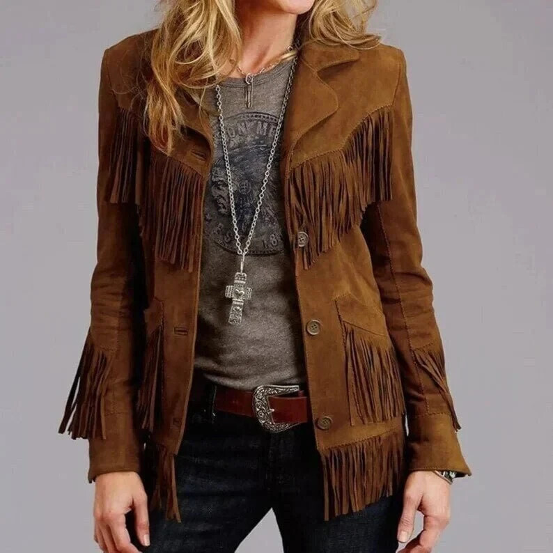 Women Native Western Suede leather Cowgirl Style Leather Jacket Fringes