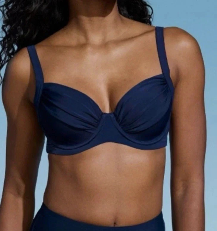 NWT~ Lands End sz 14 Navy Ribbed Retro Underwire Bikini Top Swimwear NEW