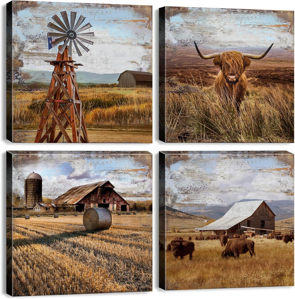 Highland Cow Wall Art Rustic Farmhouse Kitchen Wall Decor Vintage Pictures Windm