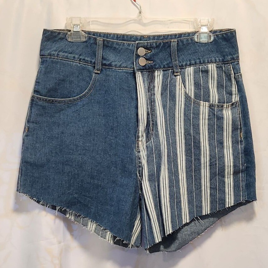 Uniq By Litz Jean Shorts Women's LG High Waisted Denim Solid/Striped Colorblock