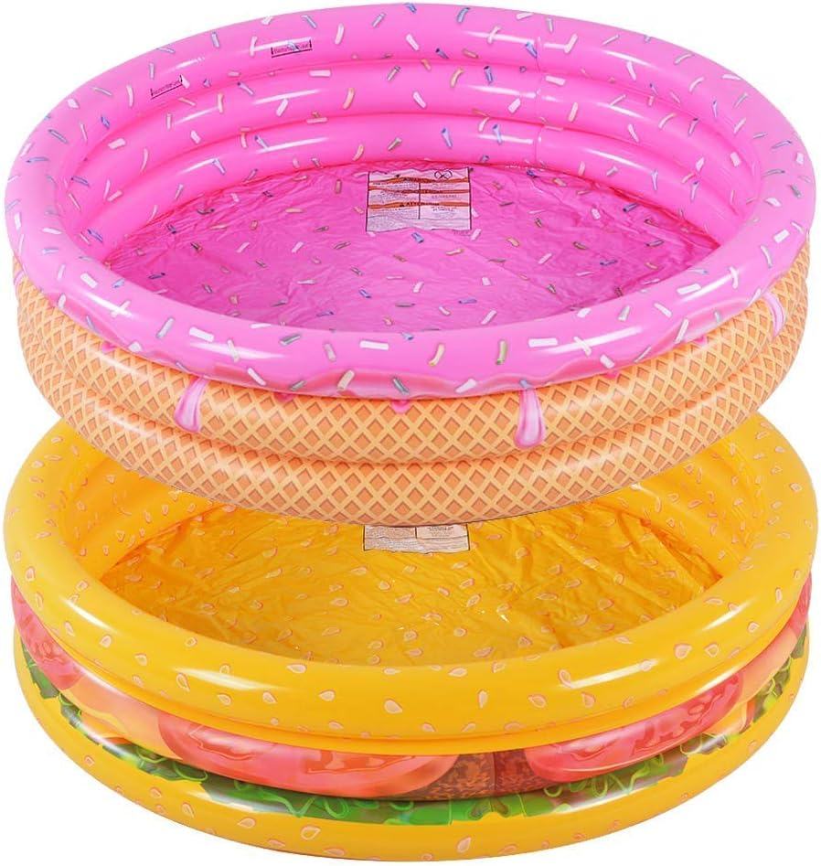 Inflatable Kiddie Pool with Ice Cream Donut and Hamburger 3 Ring Swim Float for Kids