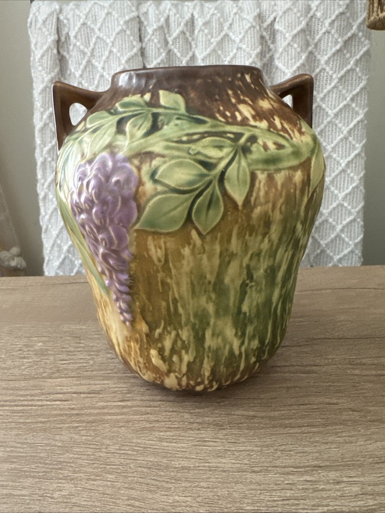 Roseville Wisteria Tan Purple 634-7 Vase 1933 Crisp Form Vivid Colors