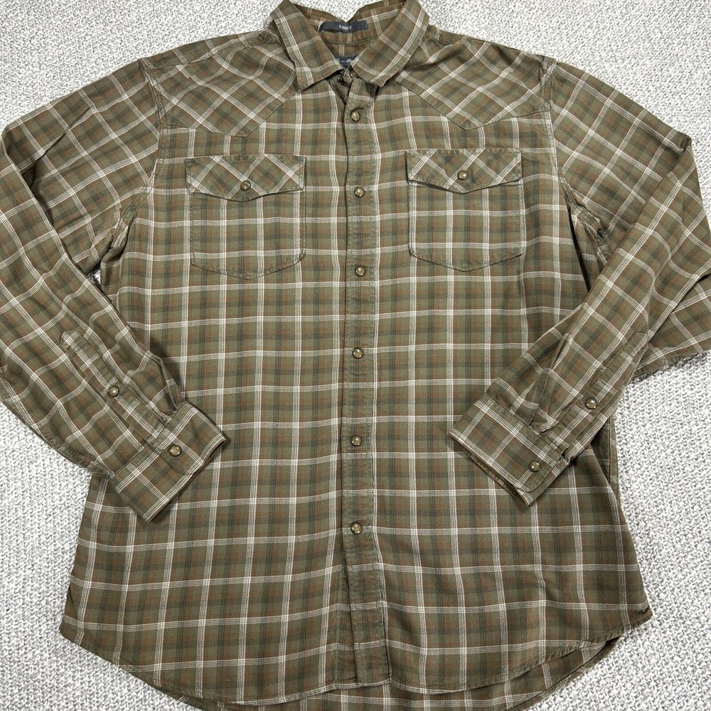 Eddie Bauer Flannel Pearl Snap Green Plaid Long Sleeve Shirt L Classic Fit