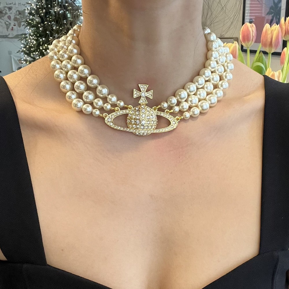 Vivienne Westwood Three Row Pearl Bas Relief Choker - With Original Gift Box