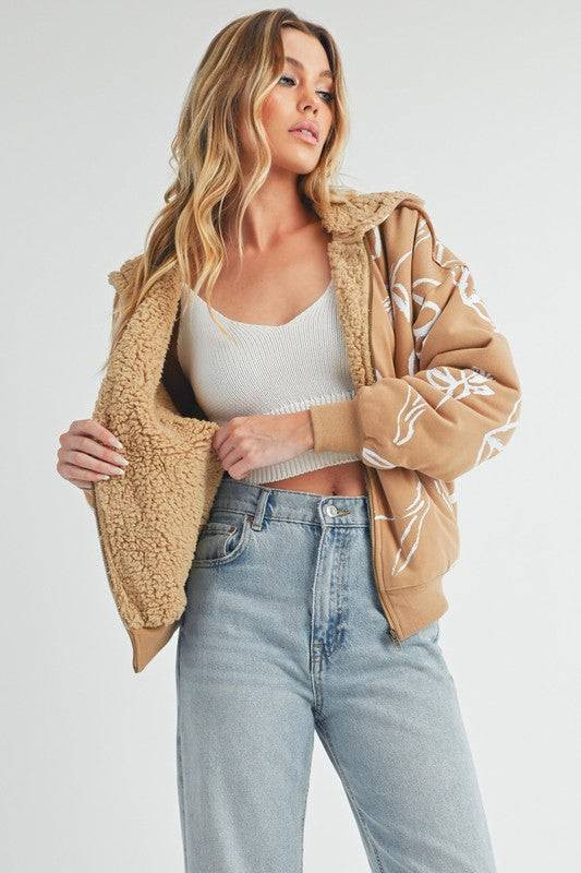 Aemi Co Floral Print Sherpa Zip-Up Hoodie for Cozy Style