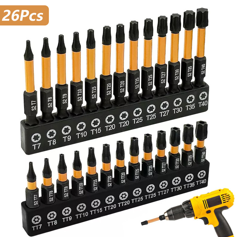 26pc Tamper-Resistant Torx Bit Set T7-T40 S2 Steel 1/4 Hex Drill