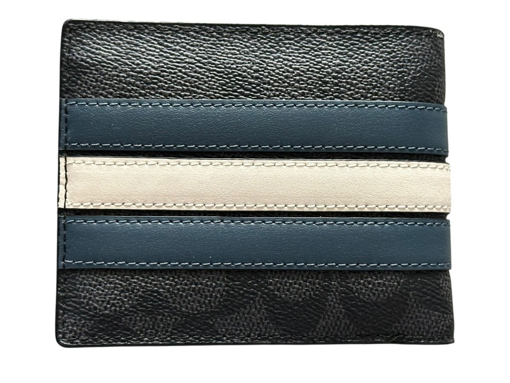 Coach Slim Billfold Men Wallet Signature Canvas with varsity stripe - Genuine