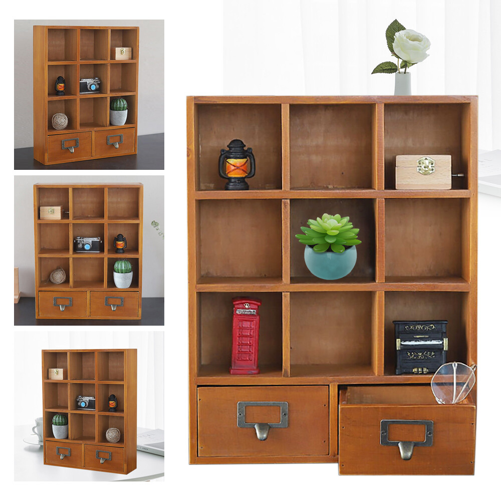 9 Cube Storage Shelf Vintage Organizer Small Item Display Cabinet With 2 Drawers