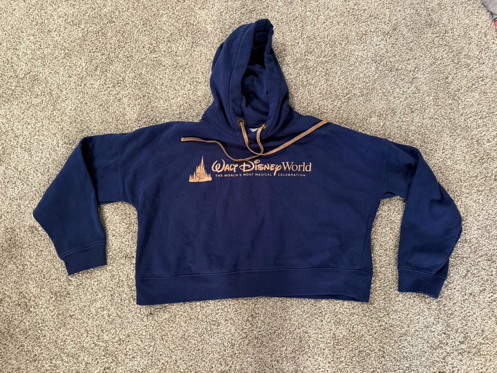 Walt Disney World 50th Anniversary Women’s Cropped Hoodie Navy Sweatshirt SMALL