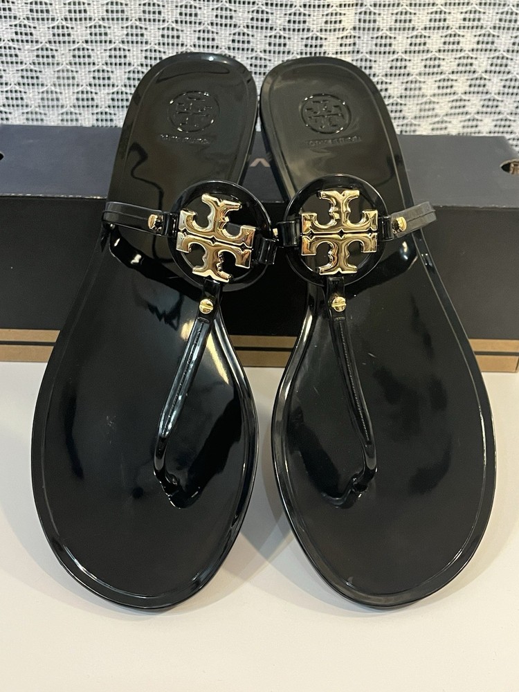 Tory Burch Mini Miller Women's Flat Thong Jelly Sandals Black Gold Size 11M