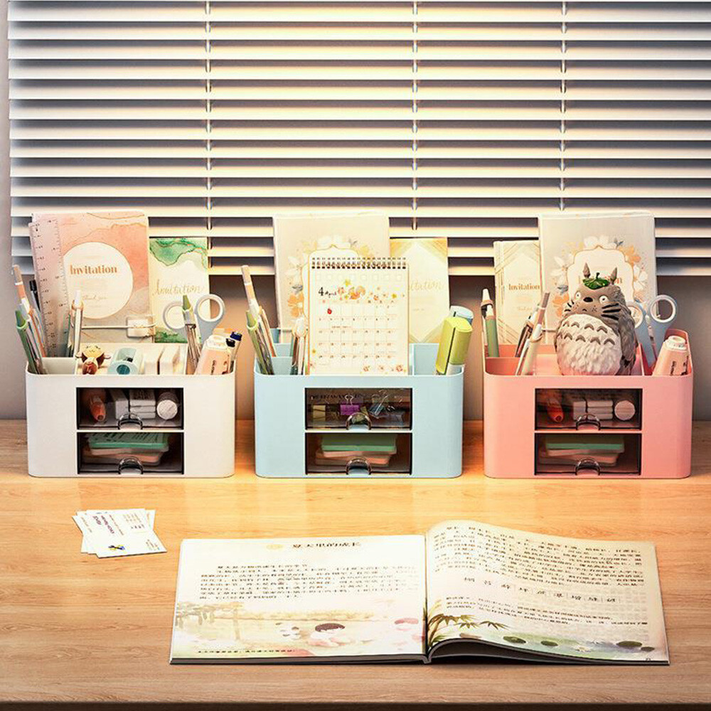 Transparent Drawer Storage Box Desktop Organizer Pen Holder Stationery wi