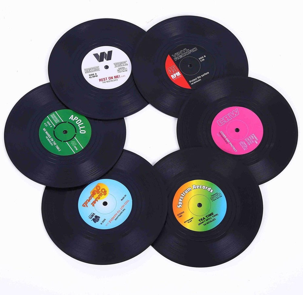 Coasters for Drinks with Gift Box - Set of 6 Colorful Retro Vinyl Black