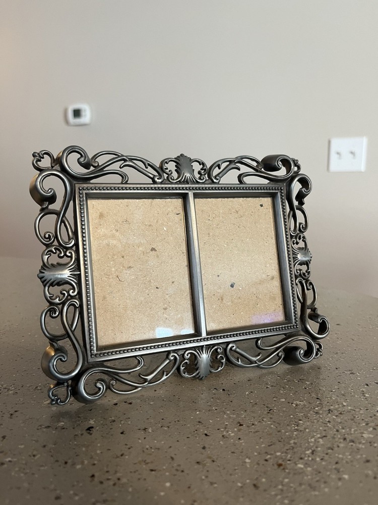 VTG Pewter Tone Metal Double Picture Frame Ornate Scrollwork