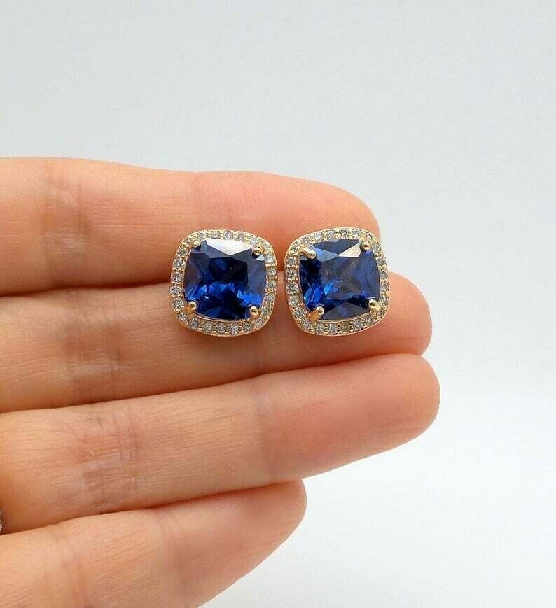 3Ct Cushion Lab Created Blue Sapphire 14K Yellow Gold Plated Halo Stud Earrings
