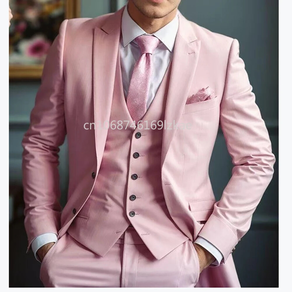 Pink Wedding Suit for Men Single Breasted Peak Lapel 3 Piece Set with Vest