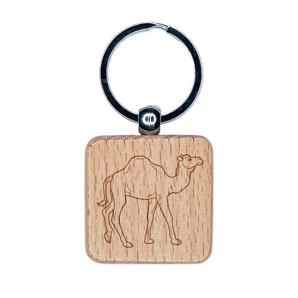 Dromedary Camel Engraved Wood Square Keychain Tag Charm