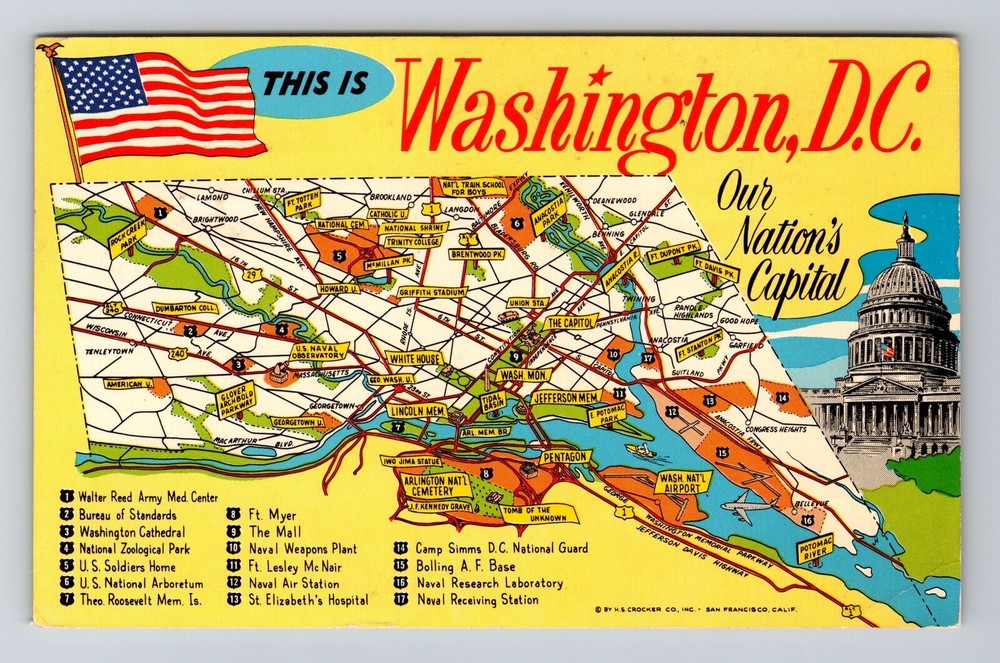Washington DC- Scenic View Map With Landmarks, Vintage Postcard