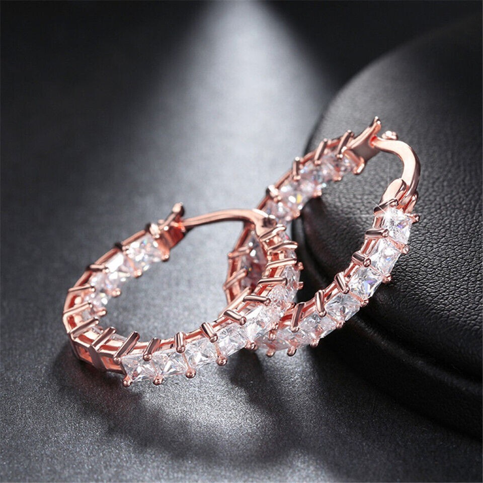 Rose Gold Hoop Earrings with 4.5 CT Simulated Diamonds Valentine Gift