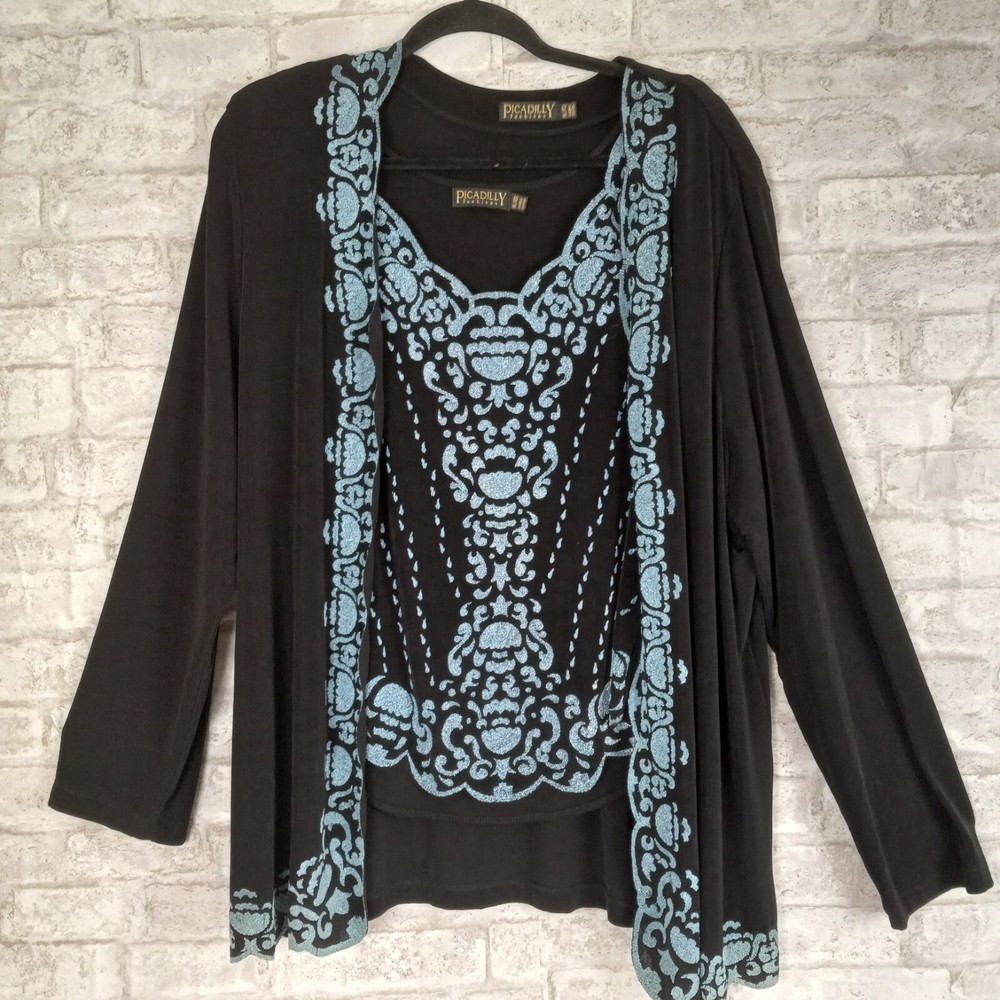 Picadilly Cardigan Jacket Set XL Black Slinky Beaded Cocktail Evening