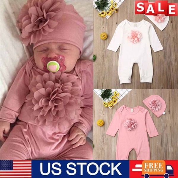 2Pcs Newborn Baby Girls Long Sleeve Romper+Hat Casual Fall Jumpsuit Clothes