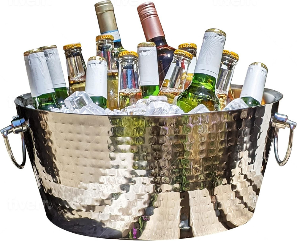 Hammered Stainless-Steel Beverage Tub, Double-Walled Insulated Anchored Drink Tu