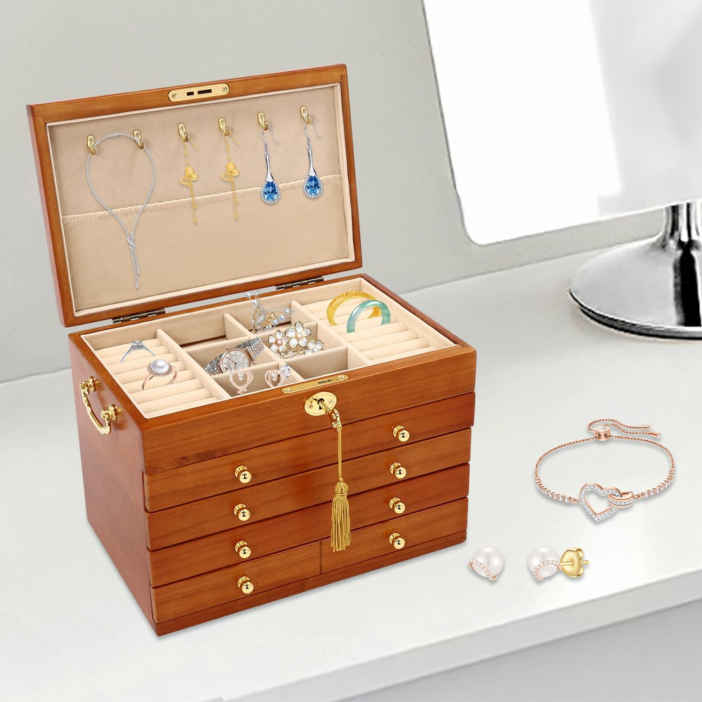 5-Layer Jewelry Storage Box with 4 Drawers Large Wooden Ring Necklace Organizer