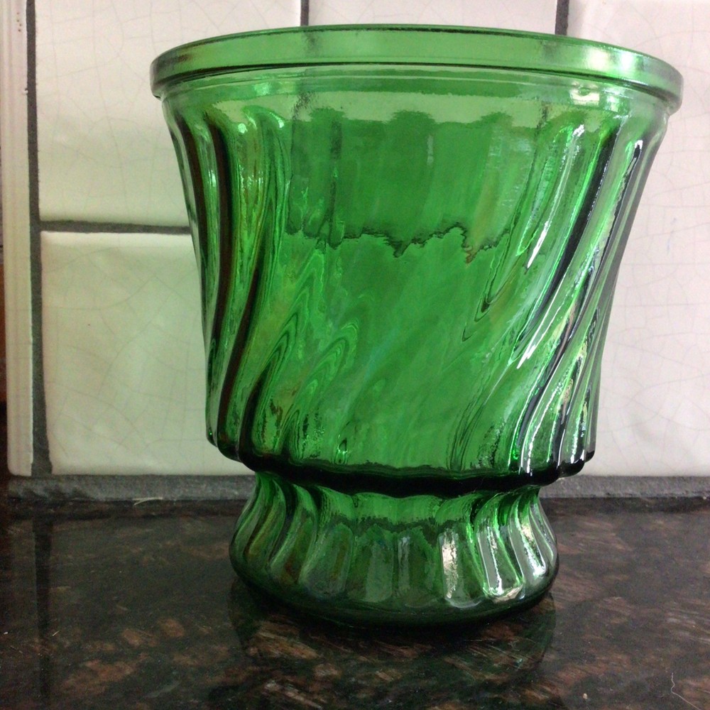 Vintage MCM Emerald Green Swirl Depression Glass Planter Vase