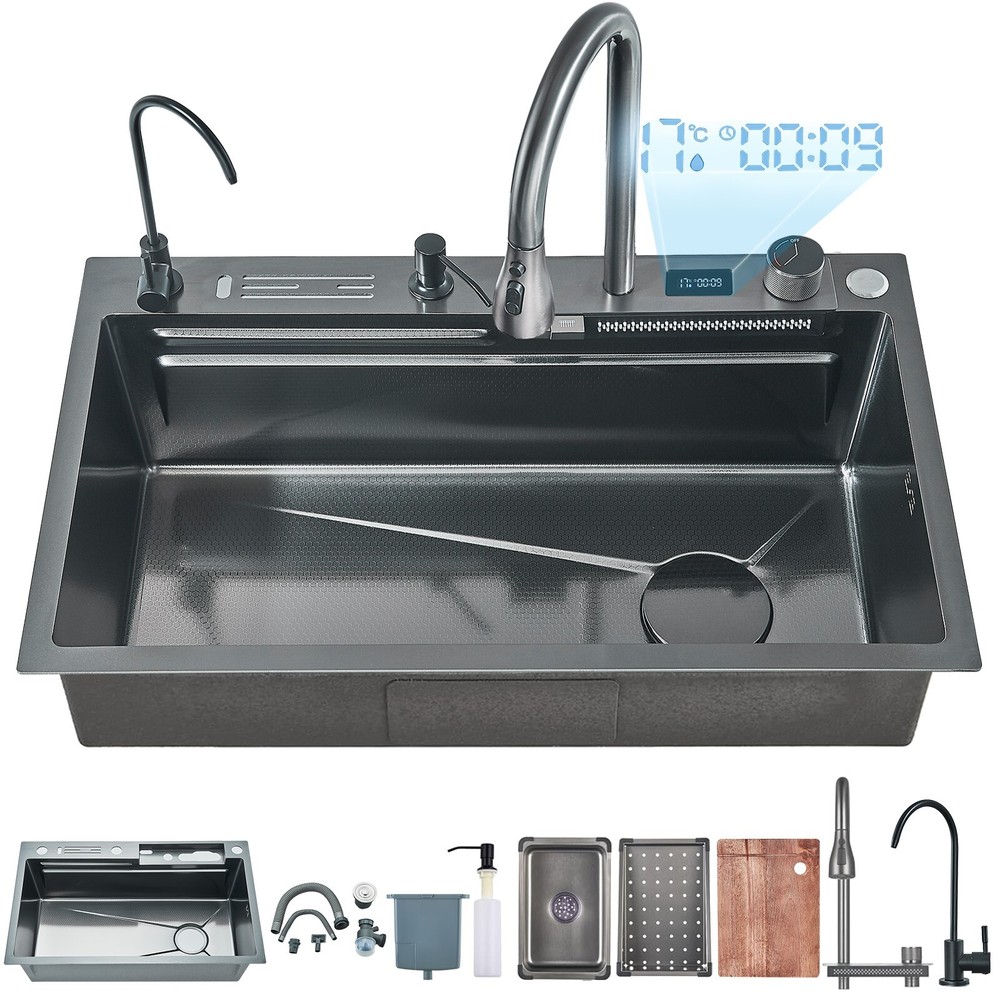 Stainless Steel Flying Rain Waterfall Kitchen Sink with Faucet 29.5