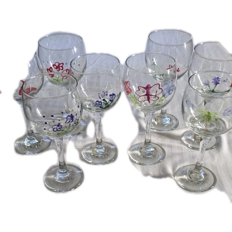 Handpainted Wine or Water Glasses Set of 8 Unique Designs