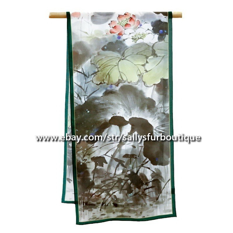 Sallys 100% Mulberry Silk Crepe Lotus Print Oblong Scarf
