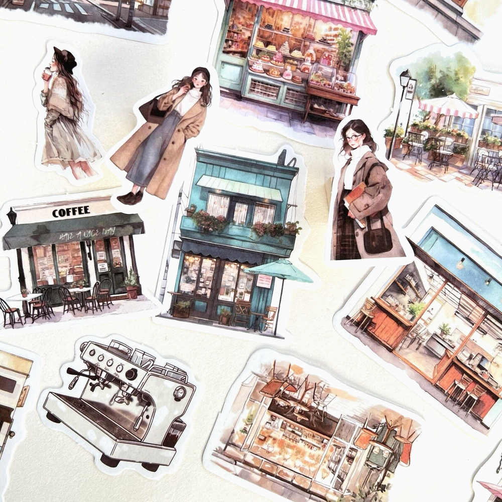 Coffee Cafe Washi Paper Stickers Cozy Town Junk Journal Collage Scrapbooking