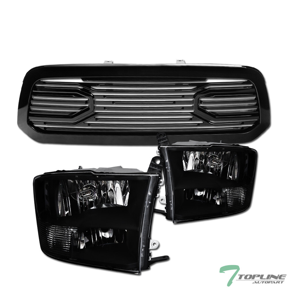 Topline For 2013-2018 Dodge Ram 1500 Blk Quad Headlight nb+Big Horn Style Grille