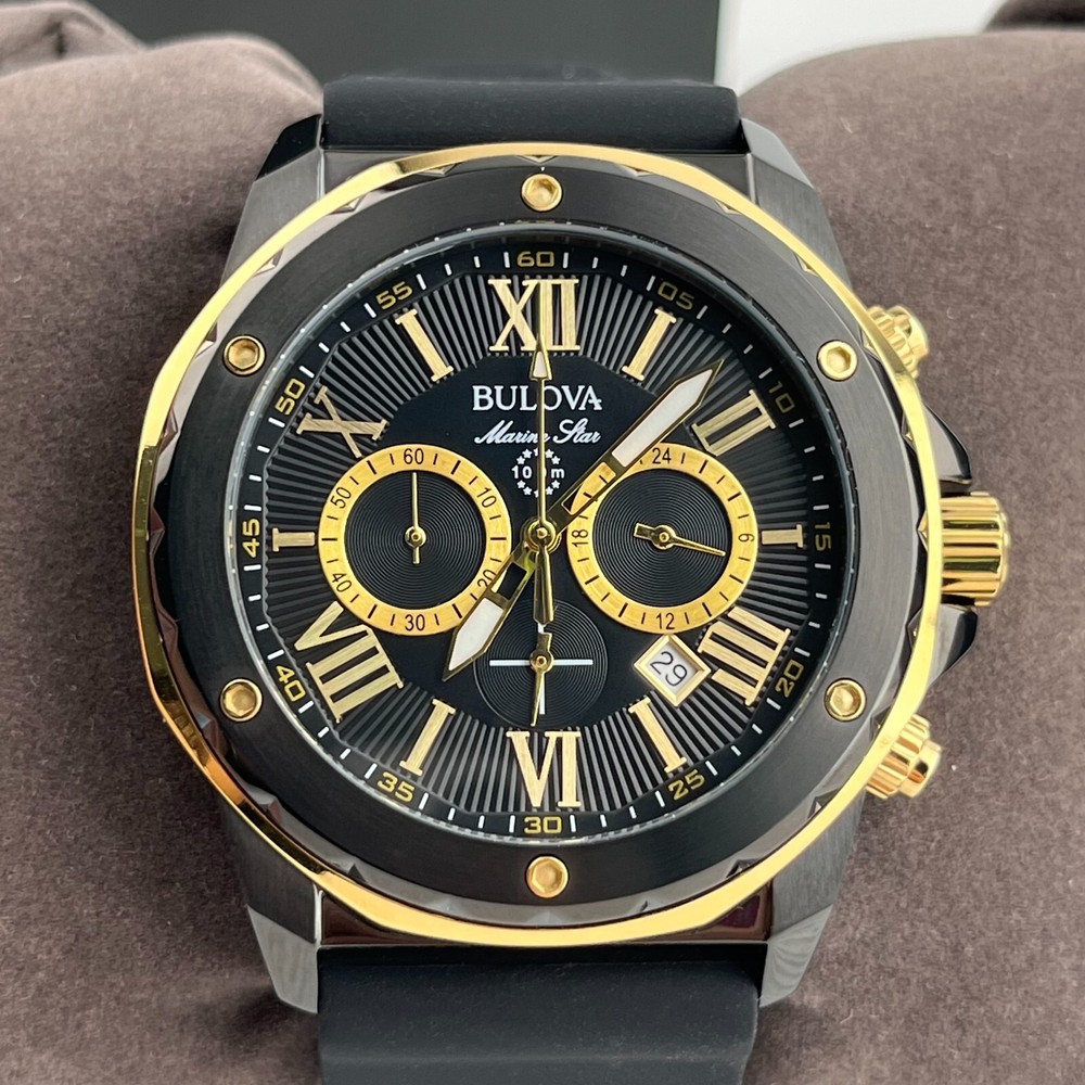 Bulova Marine Star Black Dial Rubber Strap Mens Quartz Watch 98B278