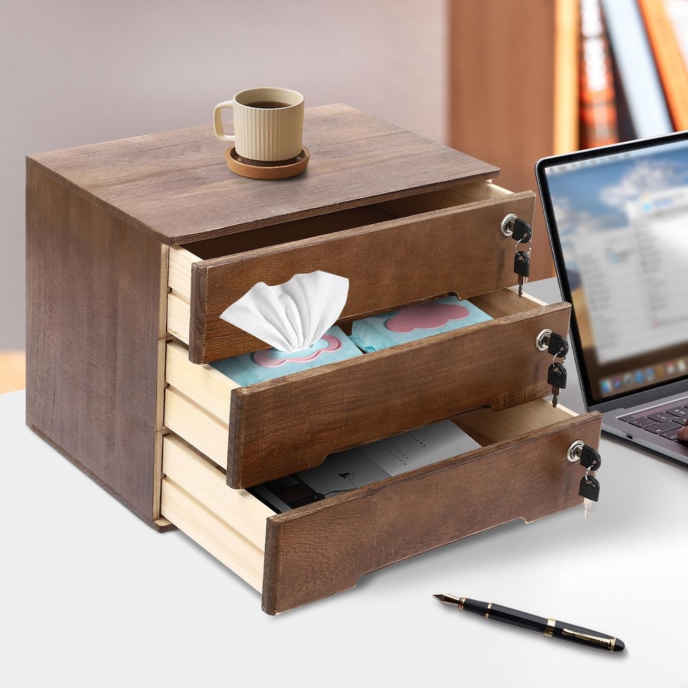 Vintage Wooden Desktop Storage Box Lockable 3-Drawer Office/Home Table Organizer