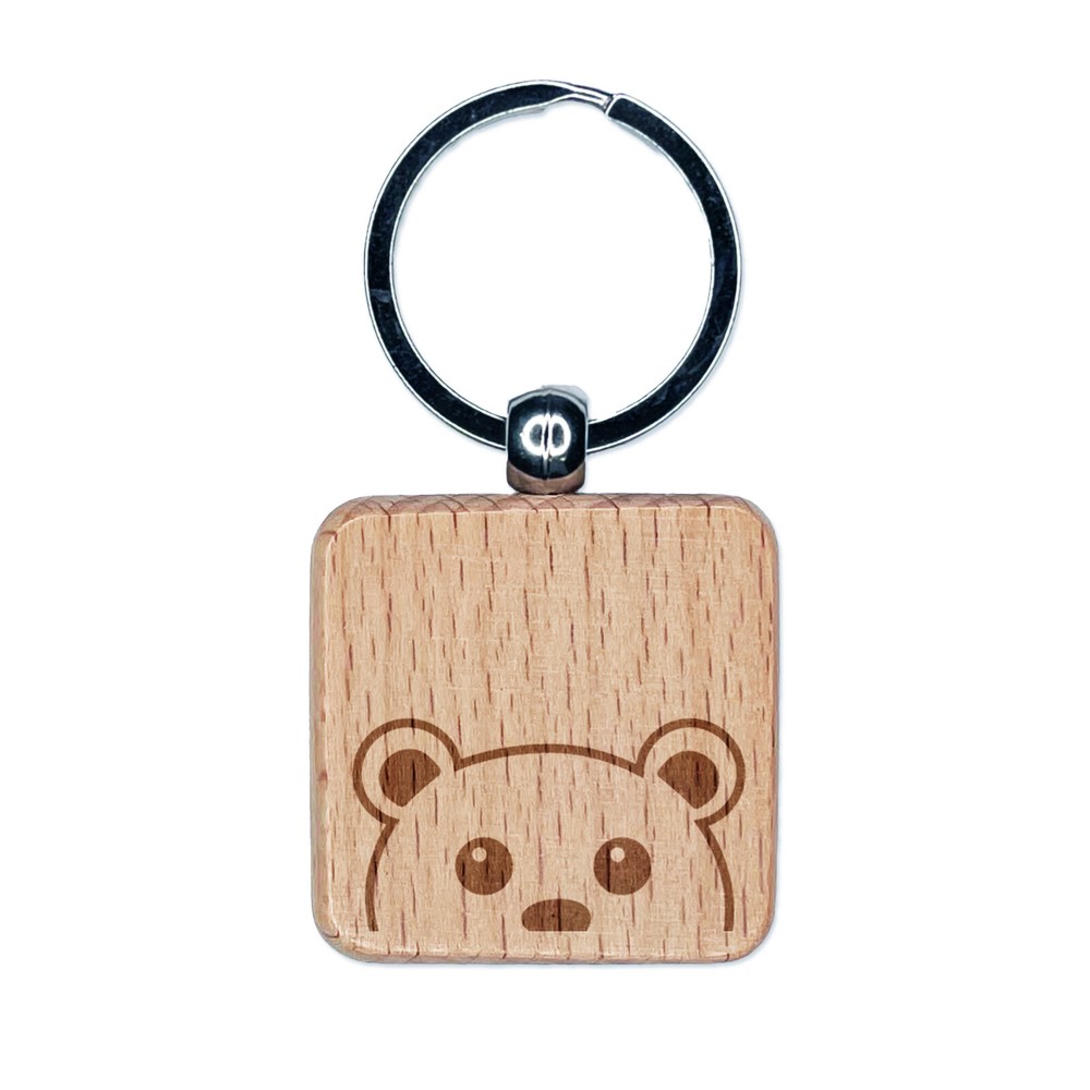Peeking Bear Engraved Wood Square Keychain Tag Charm