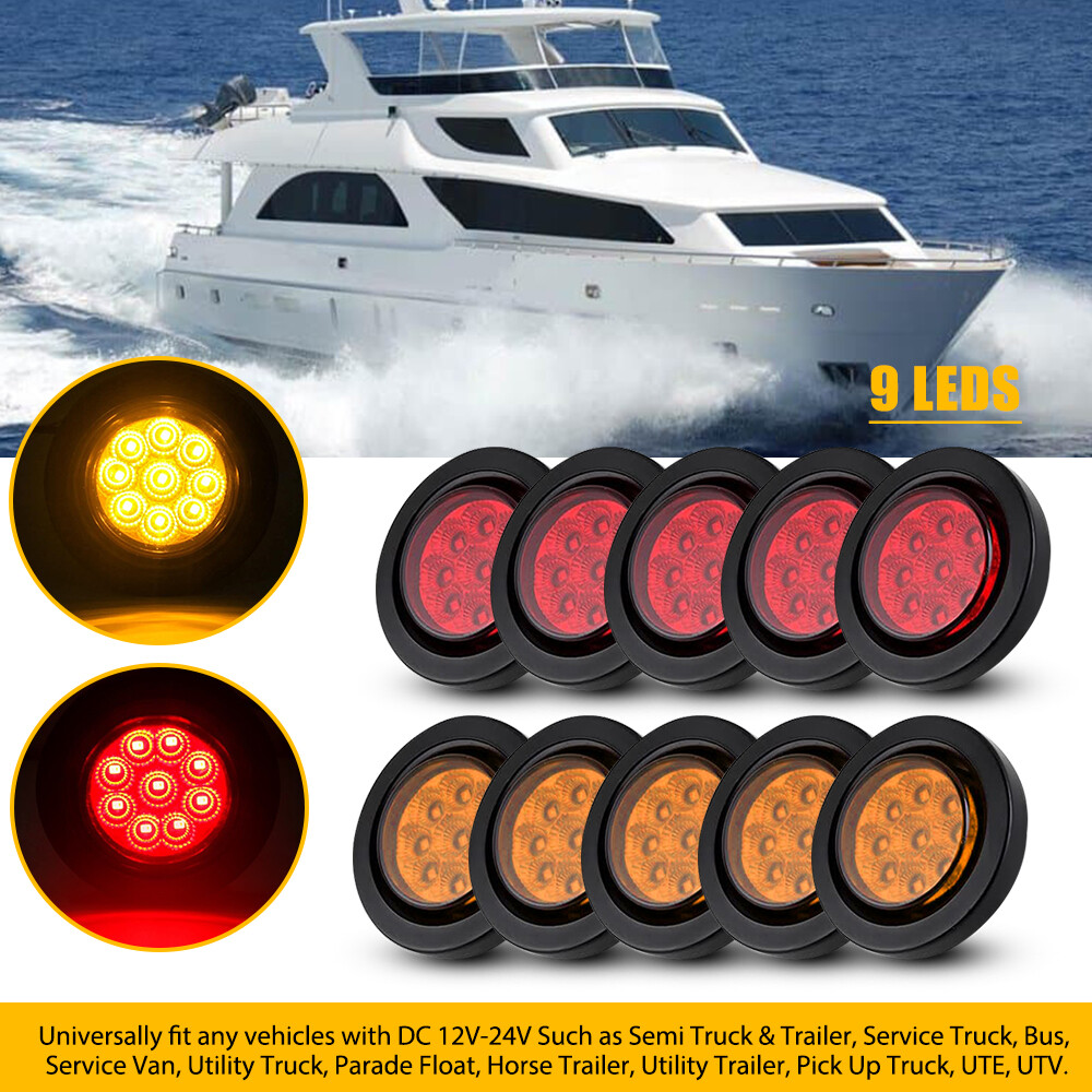 10x 2-Inch DOT Red Amber Round 9 LED Trailer Marker Lights with Grommet for Truck RV