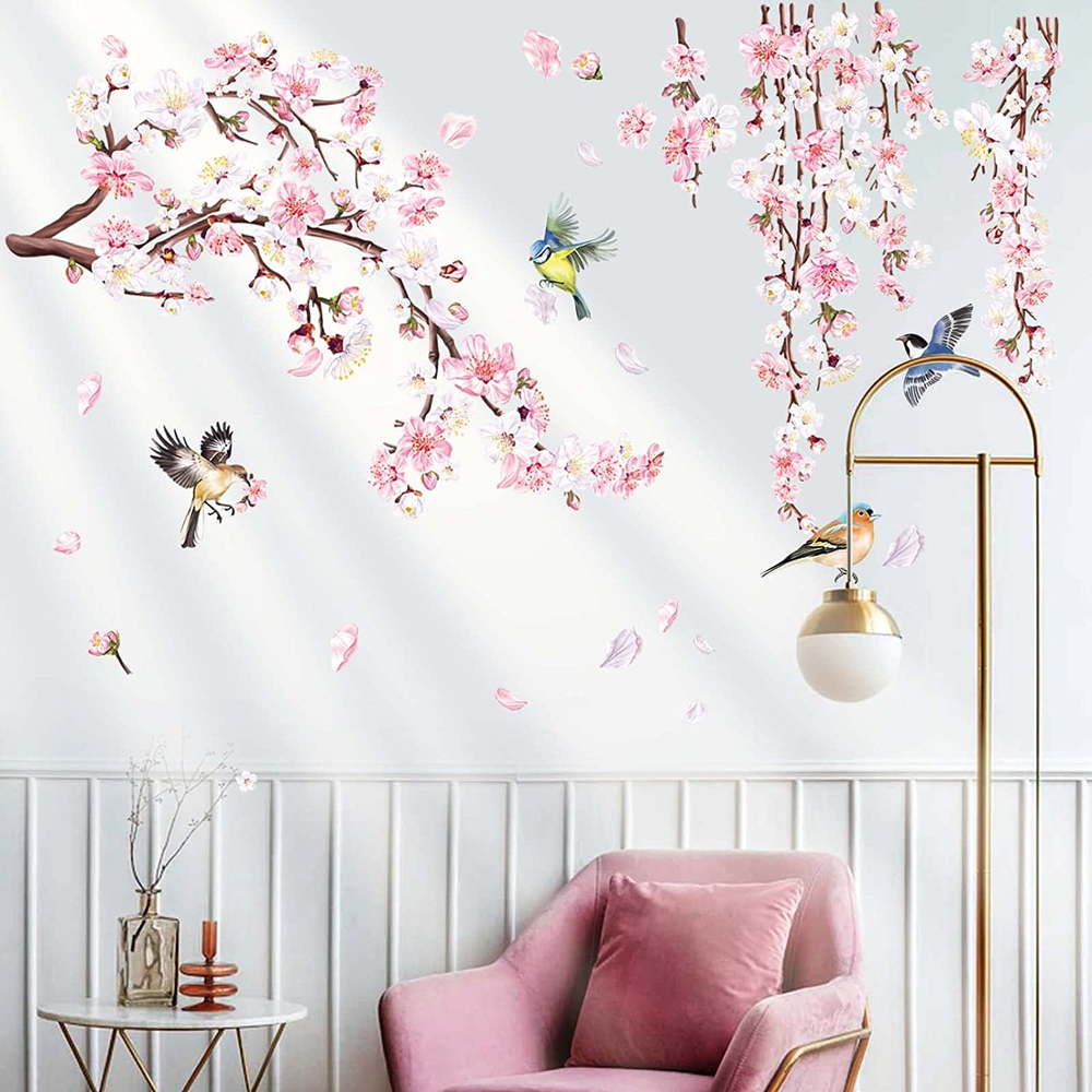 Cherry Blossom Branch Wall Stickers Pink Flower Birds Wall Decals Bedroom Living