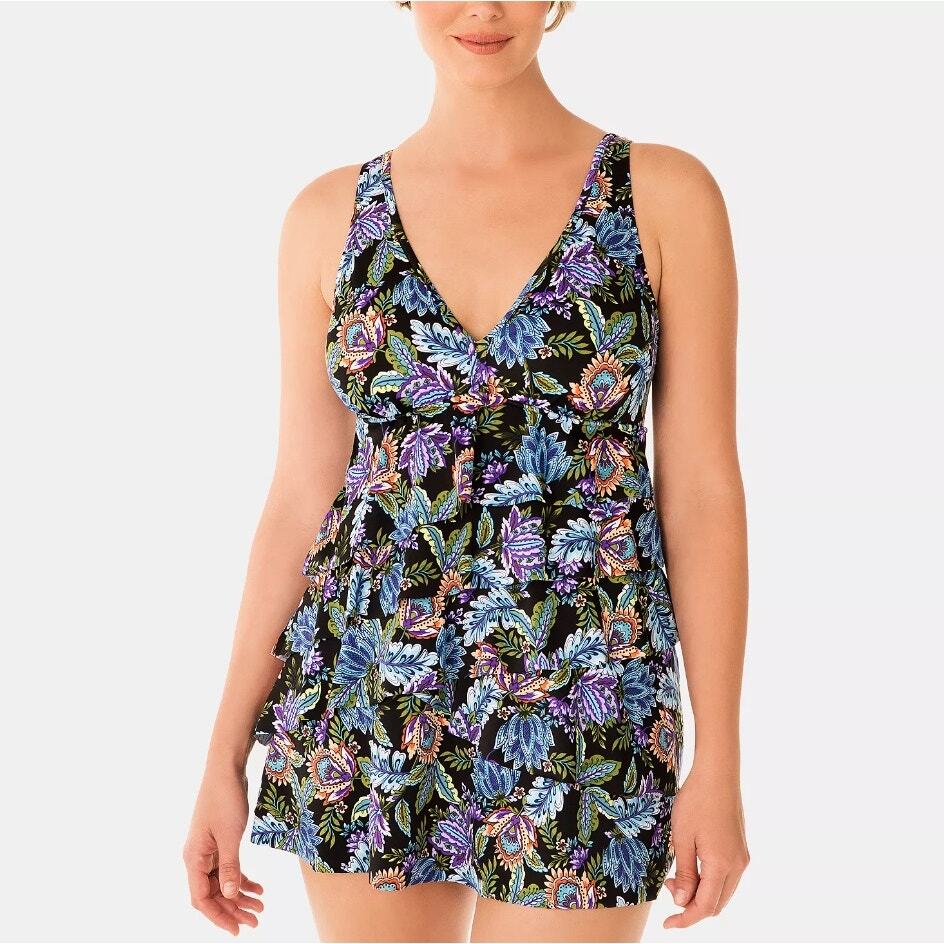 Swim Solutions Women Floral Boho V-Neck Tummy Control Tiered Swimdress Size US 8